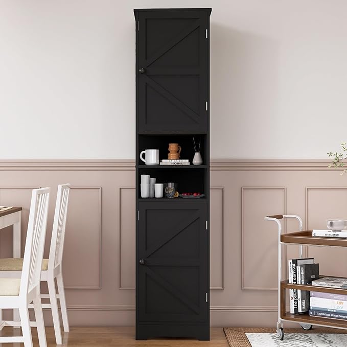 Viaozutis Tall Bathroom Storage Cabinet, Vertical Freestanding Organizer with Adjustable Shelf, Slim Design for Small Bathrooms, Towels & Toiletries Storage Black
