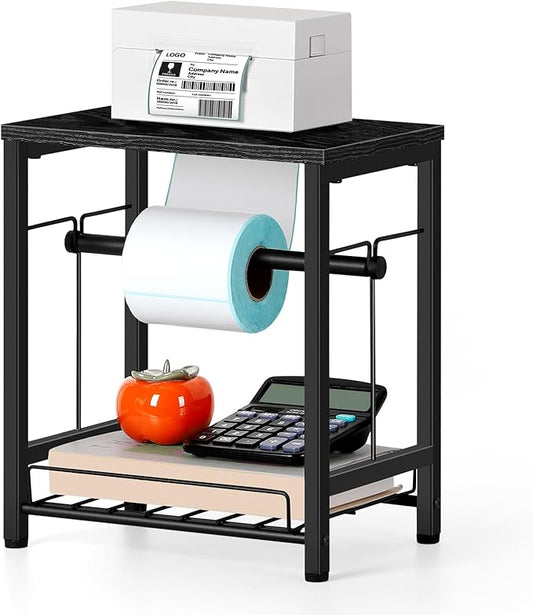 smusei Label Holder for Rolls and Fan-Fold Labels, Wooden Thermal Printer Sticker Stand Shipping Label Holder with Basket, Black Label Roll Holder Dispenser for Home, Office, Small Business