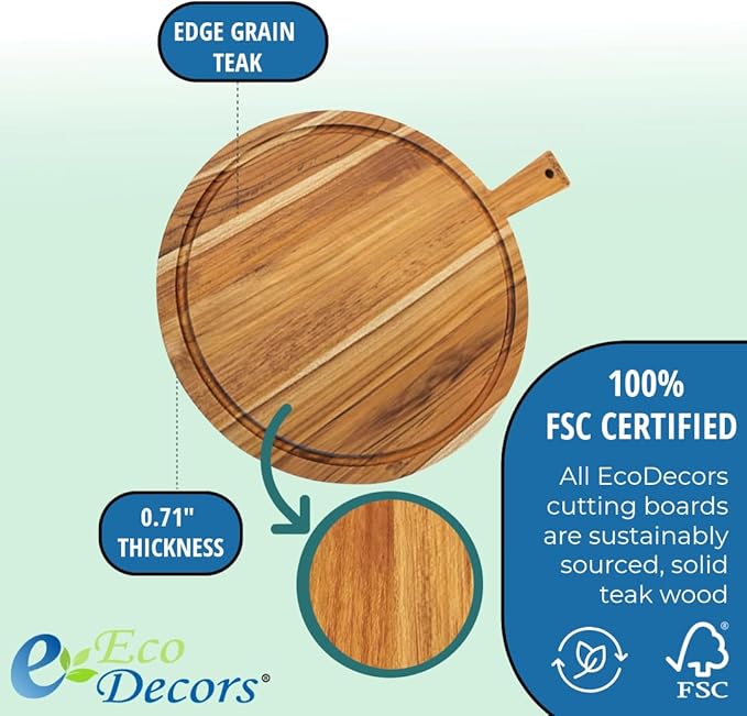 EcoDecors 3 Piece Round Teak Cutting Board Set with Handle, FSC Certified Teak Wood, Edge Grain with Juice Groove, Carving Board for Kitchen and Prep