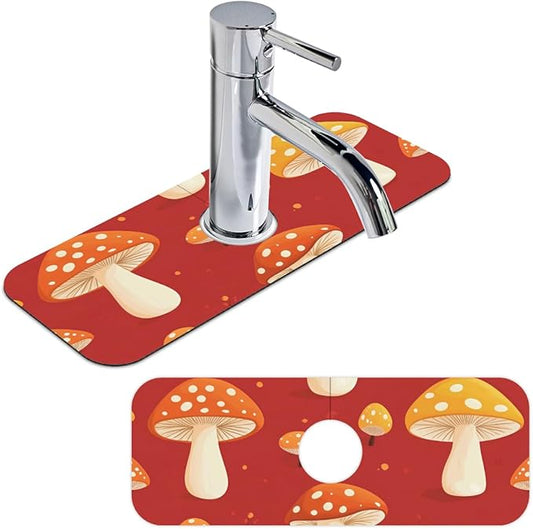 1 PC 15.4*5.7 Inch Absorbent Faucet Mat for Kitchen Sink Diatom Mud Tailored Sink Splash Guard for Bathroom Kitchen Red Mushroom