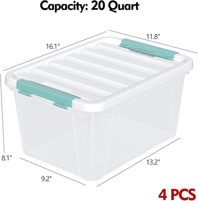 4 Pack 20 Quart Plastic Organizer Bins with Lids, Multi-use Clear Latching Storage Boxes