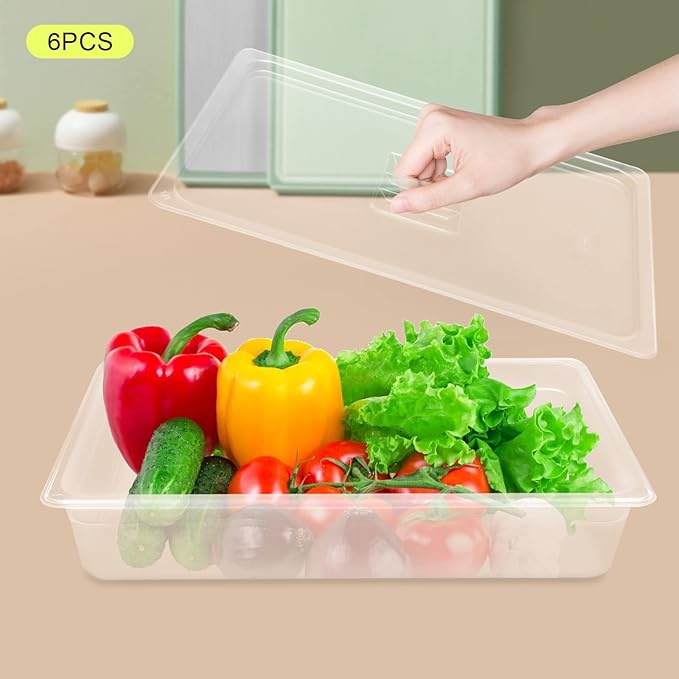 DYNAMI 6 Pack Food Pans with Lids,Full Size 4in Deep Commercial Clear Square Freezer Food Storage Containers,Heat-Resistant,Freezer-Safe To Vegetables,Fruits, Meats, Grains, for Kitchen Restaurant