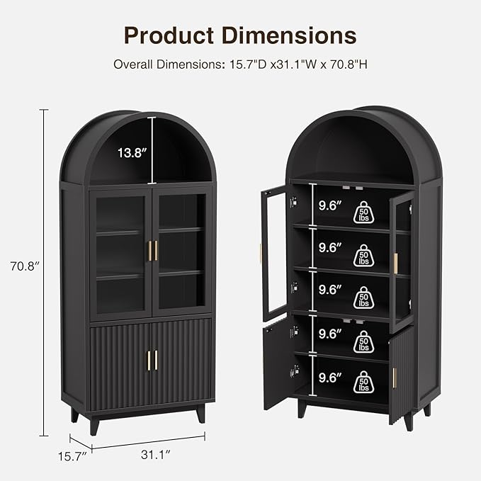 FiveWillowise Kitchen Pantry Cabinet with Glass Doors - Arched Design, Solid Wood Legs, Artistic Fluted Door, Adjustable Shelves, 70.8" Curved Storage Cabinet for Kitchen, Dining Room
