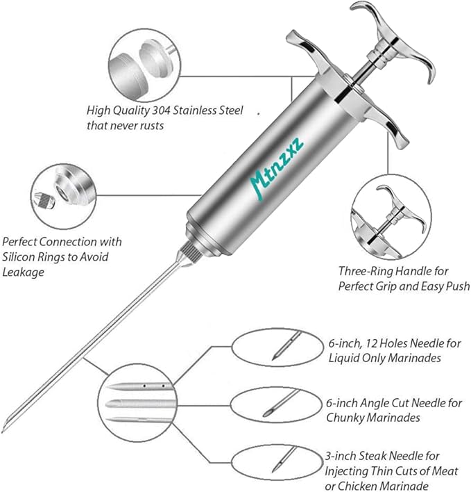 Marinade Injector Syringe Kit & Brush Set, Stainless Steel Meat Injector with 3 Professional Needles, 2-oz Large Capacity, Creates Tender Meat & Poultry Flavor, for BBQ Grill Smoker & Turkey & Brisket