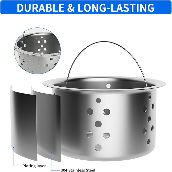 POPFLY SUS 304 Stainless Steel Deep Sink Strainer Basket – Fits Standard 3-1/2" Kitchen Drains, 2.5" Replacement Option – Removable Drain Basket with Handle for Easy Food Debris Cleaning