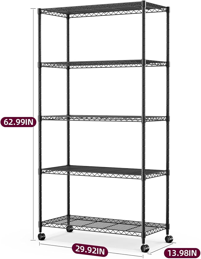 YSSOA 5-Tier Heavy Duty Storage Shelving Unit, 1250 Lbs Loading Capacity, 29.92" W x 13.98" D x 61.02" H, Black