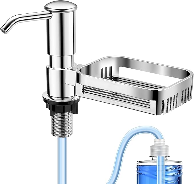 Kitchen Sink Soap Dispenser with 40" Extension Tube, Built-in Countertop Dish Soap Pump with Sponge Holder, ABS Smooth Pump Head, Under-Sink Bottle Connection Kit for Less Refills