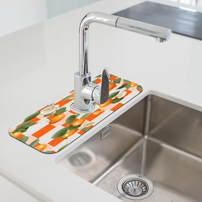 Orange Leaf Grid Pattern Kitchen Faucet Mat Splash Guard, 15.4”x5.7” Absorbent Quick Drying Sink Mat for Countertop Protection, Draining Mat Sink Protectors For Kitchen Bathroom, 1 Pack