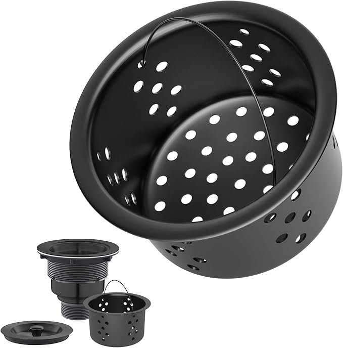 POPFLY SUS 304 Stainless Steel Deep Sink Strainer Basket – Fits Standard 3-1/2" Kitchen Drains, 2.5" Replacement Option – Removable Drain Basket with Handle for Easy Food Debris Cleaning, Black