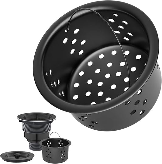 POPFLY SUS 304 Stainless Steel Deep Sink Strainer Basket – Fits Standard 3-1/2" Kitchen Drains, 2.5" Replacement Option – Removable Drain Basket with Handle for Easy Food Debris Cleaning, Black