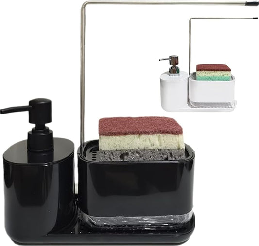Dish Soap Dispenser & Sponge Holder 3-in-1 with Dual Pump & Drain Tray & Drying Pole - Multifunctional Kitchen Sink/Bathroom Organizer for Sponges and Hand Soap (Black)