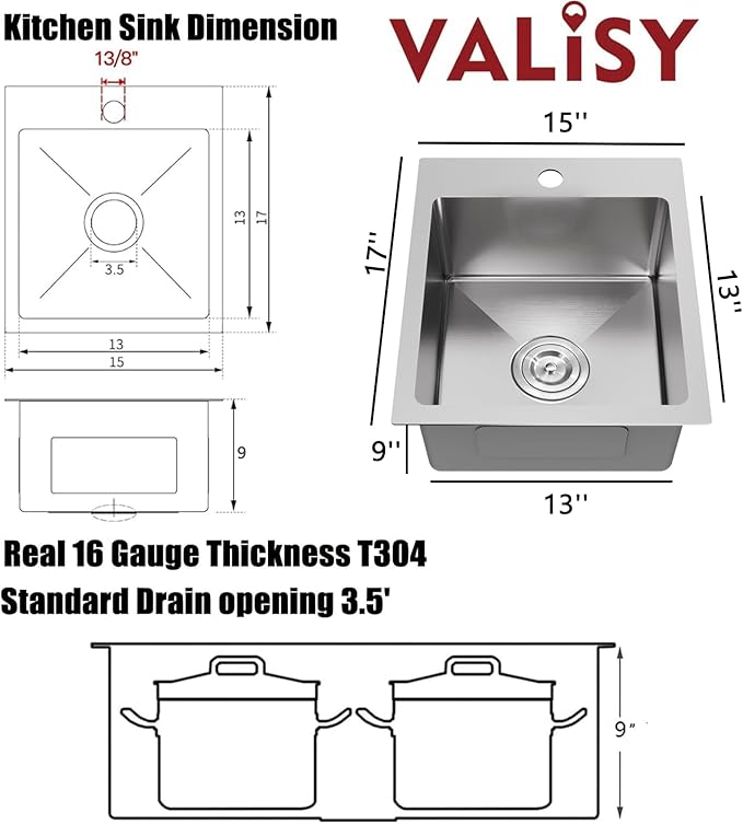 15x17 Inch Bar Sink Drop In, Topmount Kitchen Sink Stainless Steel Square Small Sinks, Single Bowl Kitchen Sinks for Laundry Wet Bar Prep RV Office Outdoor Yard VALISY YJ1517SW