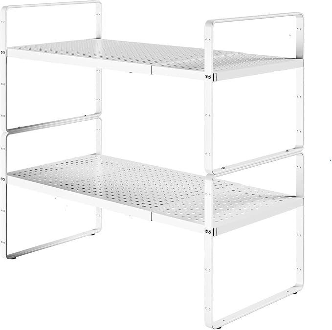 KIKIBRO Expandable Cabinet Shelf Organizers, Kitchen Small Stand Rack Organization for Countertop Cupborad Pantry, White 2 Pack