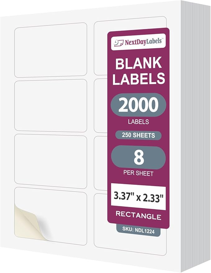 NextDayLabels 3.38x2.33 Inch Rectangle Stickers White Blank Labels for Laser Inkjet Printer - 8 Per Sheet Self-Adhesive Shipping Address Mailing Made in USA - 2000 Labels