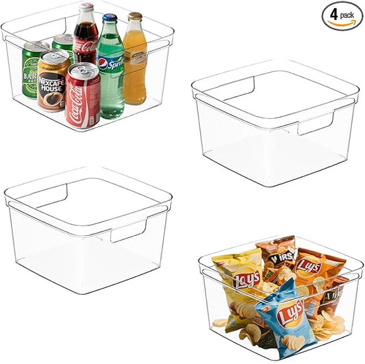 MOONEDGE 4-Pack Clear Plastic Storage Bins — Open-Top PET Organizers, 10" x 10" x 6" Storage Containers Ideal for Pantry, Fridge, Shelf and Counter Organization, Small Storage Bins for Home