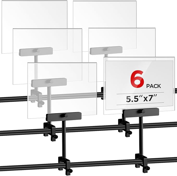 6 Set 5.5 x 7 Inch Aluminum Alloy Retail Sign Holder with Clamp Acrylic Frame Clothing Rack Clip on Sign Holder for Retail Stores Price Card Display (Black)