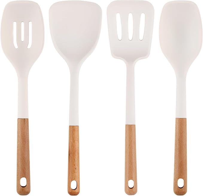 IOCBYHZ Silicone Kitchen Utensils Set of 4, Large Non-Stick Cooking Utensil Set w Wooden Handle Food Grade Heat Resistance Turner Spoon Silicone Cooking Kitchen Gadgets BPA Free for Nonstick Cookware