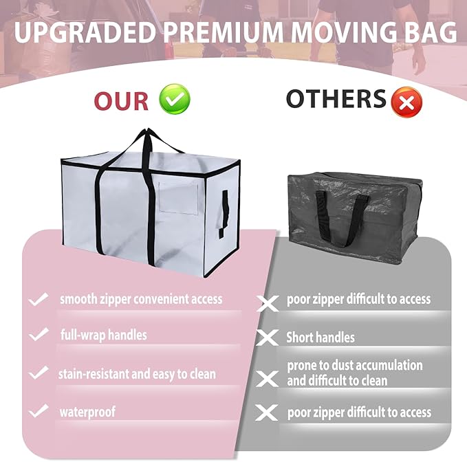 6 Pack Moving Bags Heavy Duty, Extra Large Moving Bags, Moving Supplies, Storage Bags with Handles and Zippers, Waterproof Totes for Storage Space Saving Packaging Shipping and Travel(Clear）