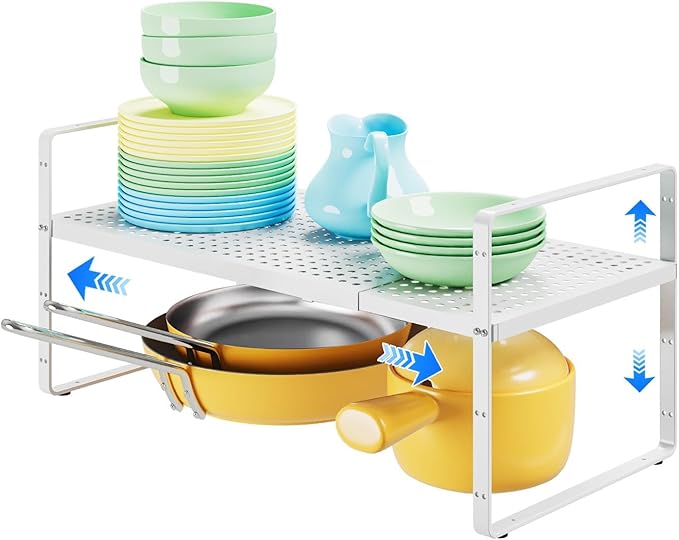 KIKIBRO Expandable Kitchen Shelf Organizers, Kitchen Cabinet Organizer Stand Rack Organization for Countertop Cupborad Pantry, White 1 Pack