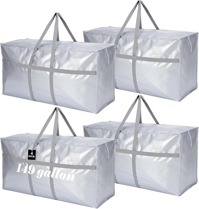 4 Pcs 149 Gallon Extra Large Moving Bags Heavy Duty Storage Bag with Strong Zipper Handle Foldable XXL Jumbo Storage Tote Packing Moving Box for College Dorm Travel Cloth Duffle (Silver)