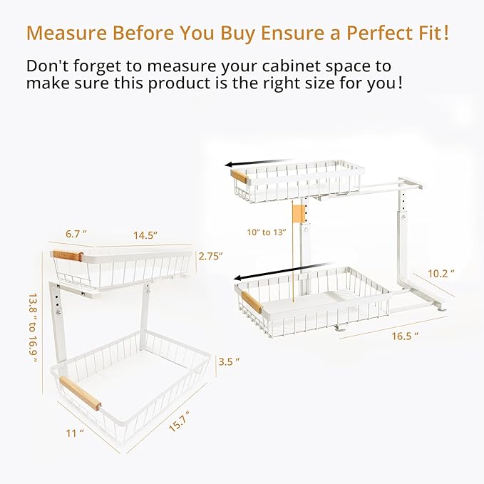 Under Sink Organizer, 2 Tier Pull Out Cabinet Organizers and Storage for Kitchen Bathroom Pantry Laundry, Adjustable Height, Slide Out Thickened Metal Storage Shelf (White, 1 Pack)