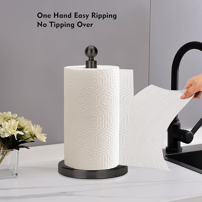Kalitro Paper Towel Holder Countertop, Standing Paper Towel Roll Holder for Kitchen Bathroom, with Weighted Base for One-Handed Operation, No Wobbly (Stainless Steel Base, Black)