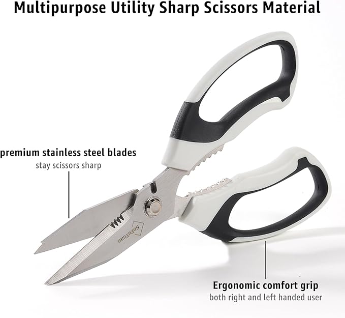 BoFuYuan 8-Inch Utility Scissors All Purpose Heavy Duty, Serrated Blade, White Comfort Grip for Cutting Carpet, Cardboard, Leather, Fabric, Multipurpose Sharp Shears for Kitchen, Garden, Office, Carft
