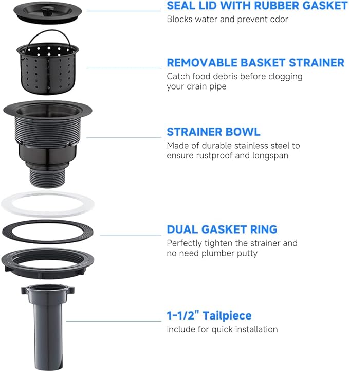POPFLY 3-1/2 Inch Sink Drain Assembly Brushed 304 Stainless Steel Removable Deep Strainer Basket, Rust-Proof & Easy Install with Sealing Lid＆Tailpiece, for Home/Bathroom/Commercial Sinks, Black