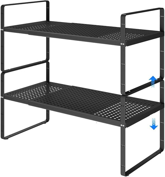 KIKIBRO Expandable Kitchen Shelf Organizers, Kitchen Cabinet Organizer Stand Rack Organization for Countertop Office Desktop, Black 2 Pack