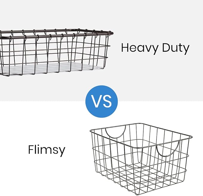 TimberAura 4 Pack Large Wire Baskets, 15" x 9" Metal Wire Basket for Pantry Organizers, Kitchen, Bathroom, Office, Stackable Storage Baskets, Bronze