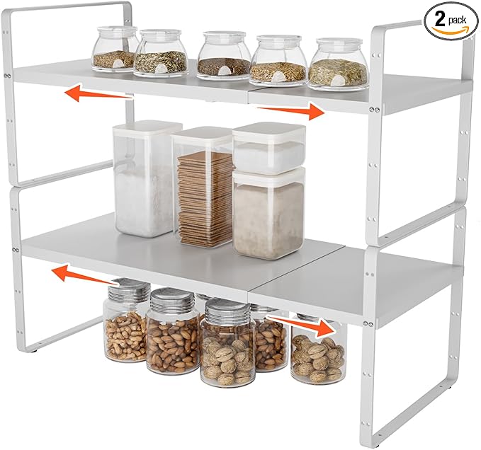 DPZM 2Pack 16.5-27’’L Expandable Stackable Cabinet Shelves, Adjustable Spice Rack Cabinet Shelf Organizer for Kitchen, Countertop, Pantry and Cupboard, White