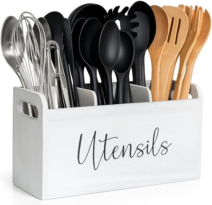 White Kitchen Utensil Holder for Countertop – Large 3-Compartment Wooden Organizer & Caddy with Drain Holes, Farmhouse Utensil Holder for Kitchen Counter, Modern Rustic Storage for Spoons & Spatulas