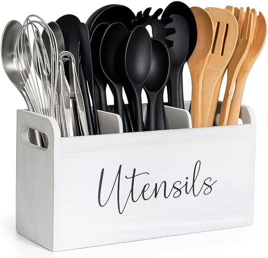 White Kitchen Utensil Holder for Countertop – Large 3-Compartment Wooden Organizer & Caddy with Drain Holes, Farmhouse Utensil Holder for Kitchen Counter, Modern Rustic Storage for Spoons & Spatulas