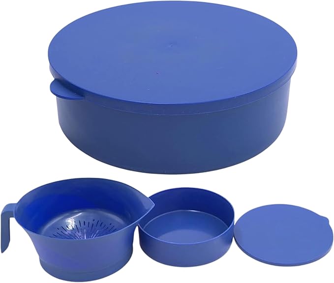 Easy Greasy 3-Piece Colander Grease Strainer Set – Blue Grease Separator with Handle, Container & Lid – Strains Bacon, Pasta, Ground Beef – BPA-Free Kitchen Gadget