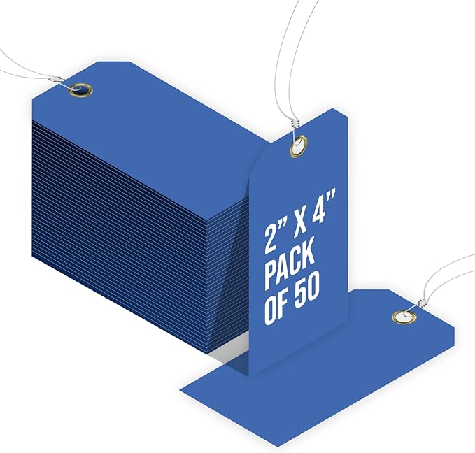 Tags 4 Less 15 Mil Blank Plastic Hang Tags with Attached Wires – 2" x 4" Heavy Duty Waterproof Hanging Labels for Outdoor Tagging, Equipment, Luggage, Valves & More (Dark Blue, Pack of 50)