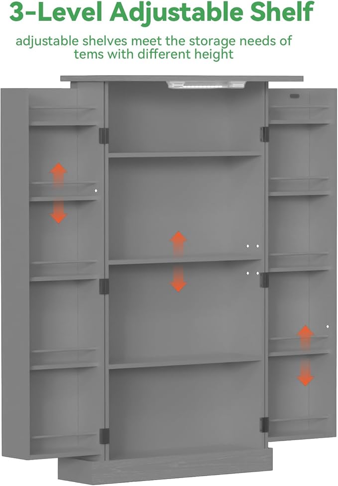 FJTJBSI 50" LED Kitchen Pantry Cabinet Grey Storage Cabinet Food Pantry with Doors and Adjustable Shelves Freestanding Buffet Cupboards Sideboard for Kitchen Living Room and Dinning Room