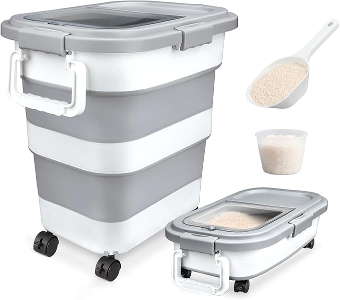 Rice Storage Container, Collapsible Airtight 10-40 Lb Rice Storage Container, Pet Dog Food Storage Container 25lb, Rice Dispenser Bin with Cup and Scoop for Flour Cereal Pasta Grain, Cat Bird
