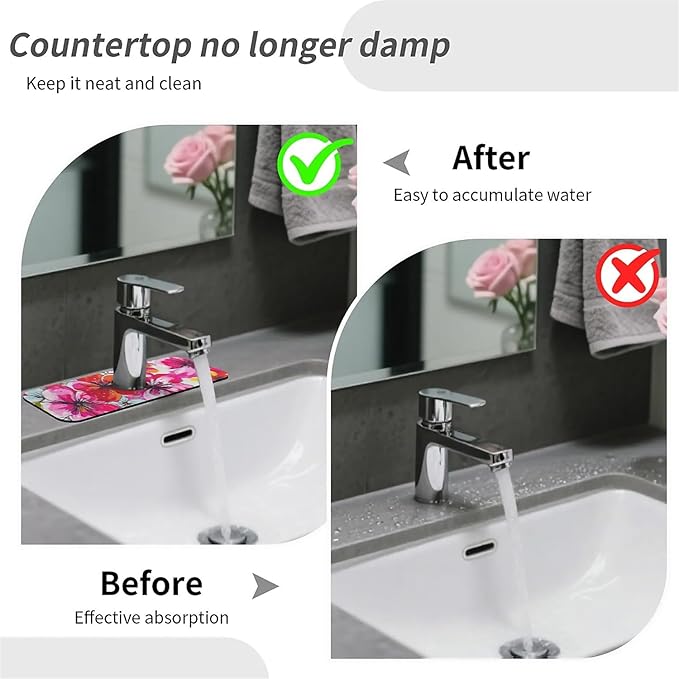 Kitchen Sink Splash Guard，Colorful fantastical flowers Faucet Mat Sink Gadgets-Super Absorbent Fast Drying Mat Drip Catcher for Kitchen, Bathroom,Sink Mat, Dish Drying Mat, Bathroom(15" X 5.5" )