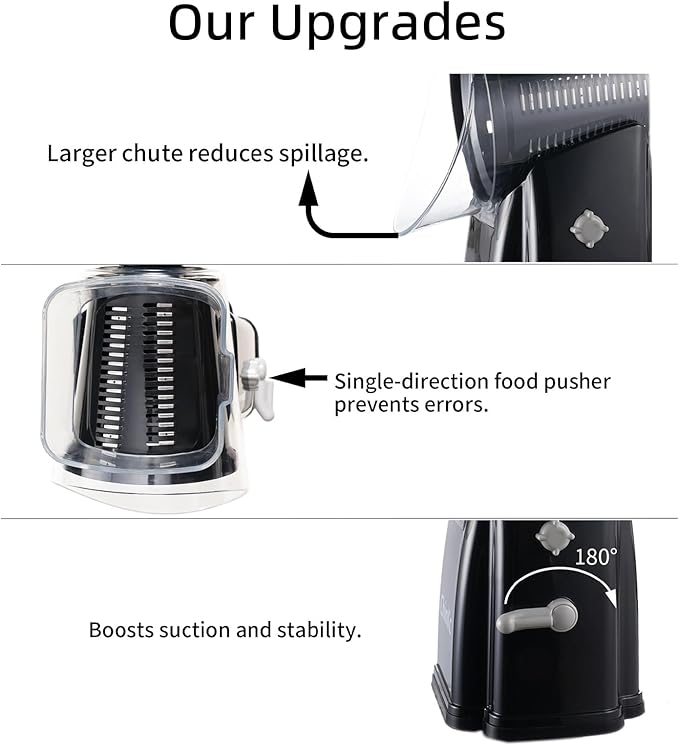 ChinKc Upgrade Rotary Cheese Grater Shredder with Handle, Strong Suction Base, Multi-purpose Rotary Grater Slicer with 5 Interchangeable Blades for Ice, Vegetables, Fruit, Nuts with Blade Storage Box