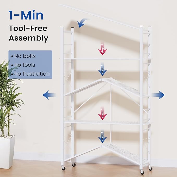 ALANNG 40" W Foldable 5-Tier Storage Shelves with Wheels, Adjustable & Removable Metal Rack, Heavy Duty Rolling Organizer for Kitchen, Garage, Closet, Pantry, and Office (White,1 Pack)