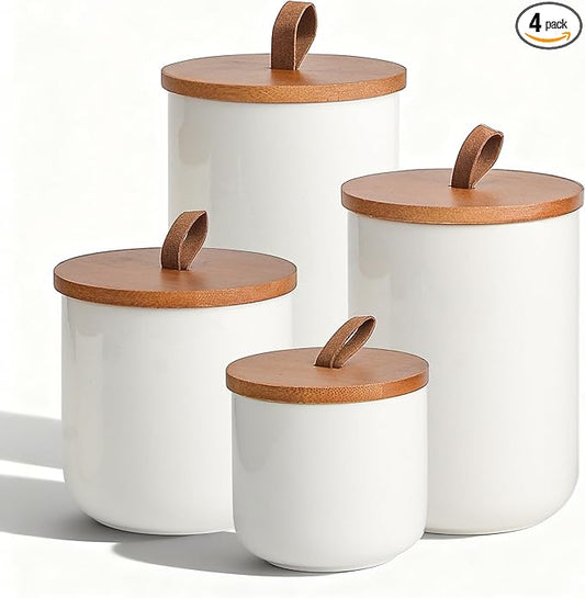 White Ceramic Canister Set with Bamboo Lids, 4-Piece Airtight Food Storage Jars for Kitchen – Flour, Sugar, Coffee, Tea, Spice – Smaller, Small, Medium, Large Sizes