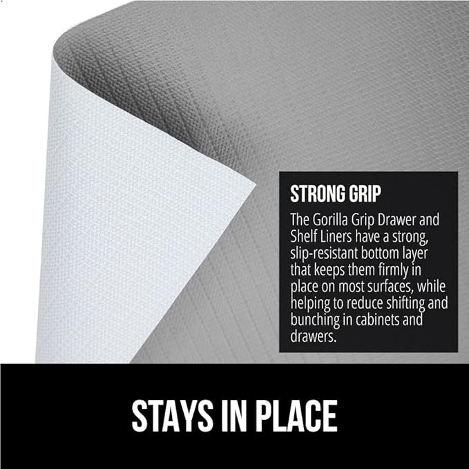 GORILLA GRIP Slip Resistant Drawer and Shelf Liner 2 Pack, Non Adhesive Water Resistant, Easy Clean and Trim, Smooth Surface Liners for Kitchen Cabinet Shelves Drawers Pantry 12 IN x 20 FT, Light Gray