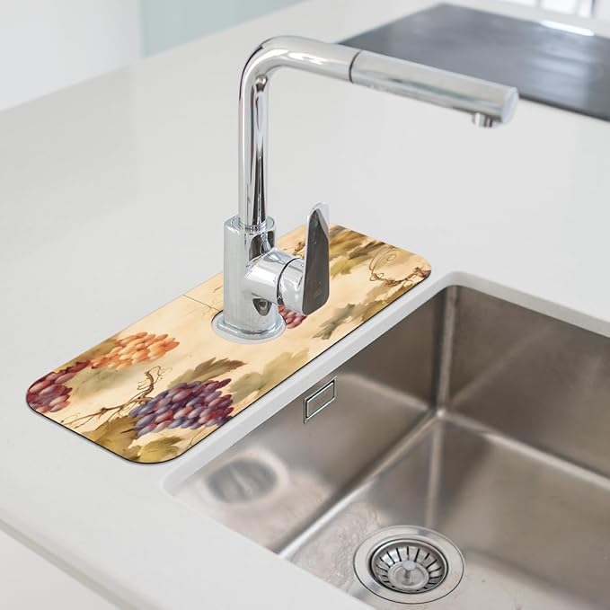 Vintage Grape Kitchen Faucet Mat Splash Guard, 15.4”x5.7” Absorbent Quick Drying Sink Mat for Countertop Protection, Draining Mat Sink Protectors For Kitchen Bathroom, 2 Pack