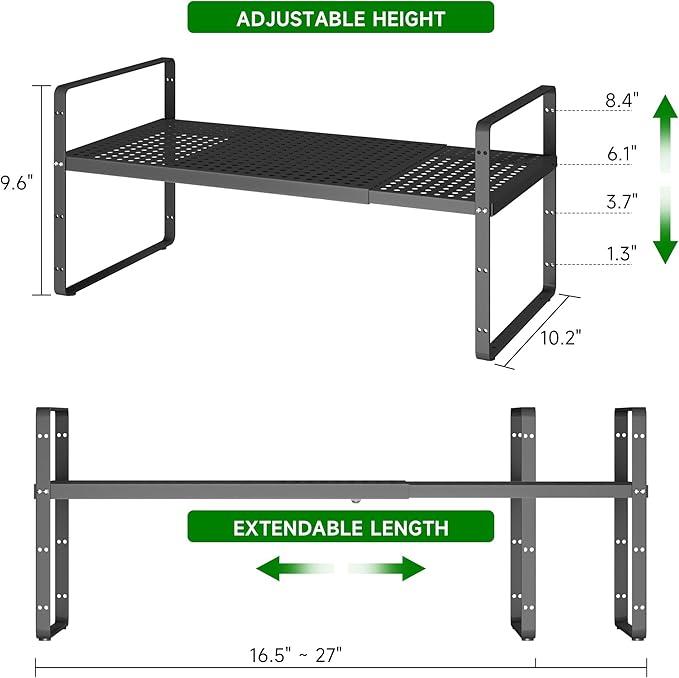 Expandable Kitchen Cabinet Shelf Organizer Rack Heavy Duty Metal Spice Rack Stackable Kitchen Counter Storage Shelf for Kitchen Cabinet Pantry Bathroom (Black - 16.5"-27" L x 10.2" W x 9.6" H - 2Pack)