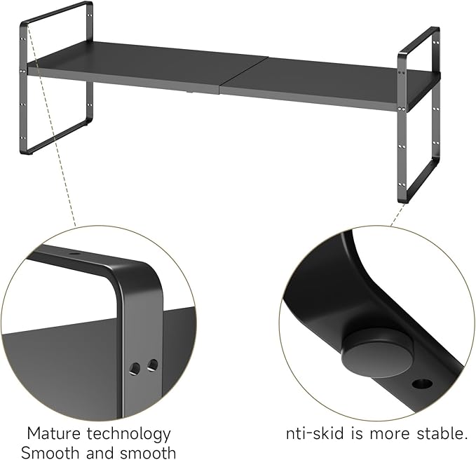 taiheis 16.5~27.1" Expandable Shelf Organizer, 2Pack 10.2" Wide Stackable Cabinet Shelf Organizers, Black Metal Sturdy Kitchen Counter Storage for Countertop, Adjustable Height Spice Rack