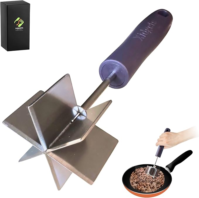 Large Stainless Steel Meat Masher, Ground Beef Chopper with Heavy Duty Handle & Mashing Head for Ground Beef, Turkey, and More – Dishwasher Safe (Midnight Plum 10")