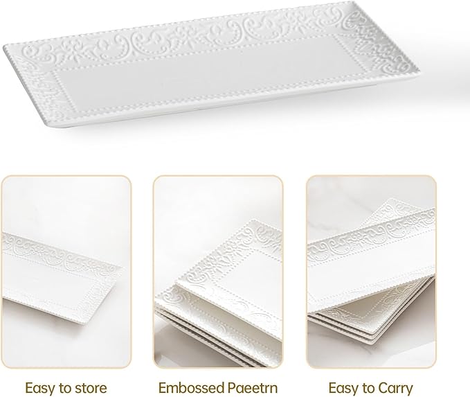 MVYAVYUS Rectangular Embossed Serving Platter Set, 12 Inch Large Serving Plates, Stackable Serving Tray for Wedding, Ceramic White Serving Platters for Entertaining, Dishwasher & Oven Safe (4PCS)
