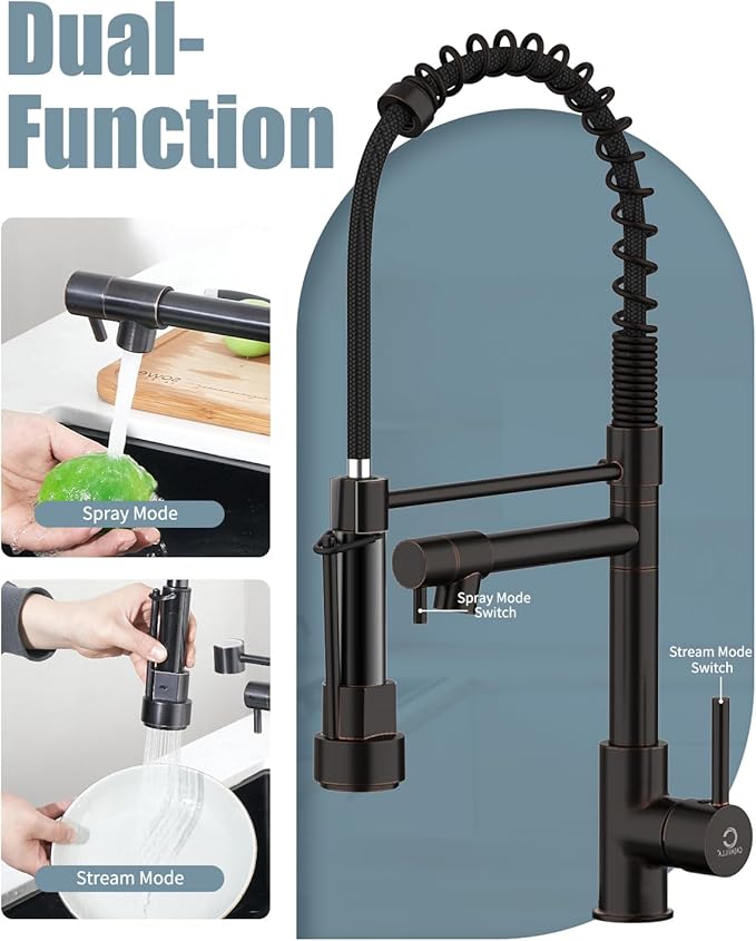 Kitchen Faucets, Oil Rubbed Bronze Kitchen Faucet, Pull Down Kitchen Sink Faucet with Sprayer, Commercial Stainless Steel Spring Faucets for Kitchen Sinks, Single Handle with High Arc Spring