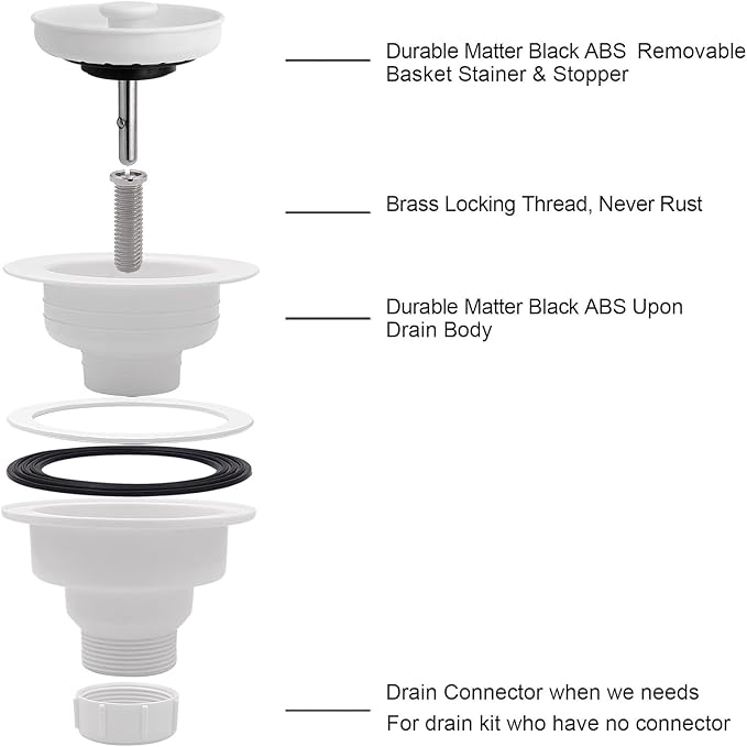 White 3.5 Inch Kitchen Sink Drain Basket Strainer Assembly Kit Polymer Removable Waste Basket and Stopper Matched Color for Ceramic/Granite and Fireclay Sinks