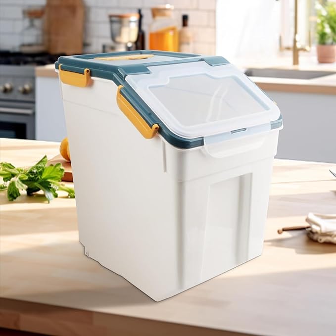 YXQ 50LB Large Flour Storage Container Bin,2 Pack Airtight Plastic with Wheels Seal Locking Lid Dispenser Organizer Bin with Measuring Cup & Scoop for Flour, Rice, Grain 100LBS Total Capacity(Blue)